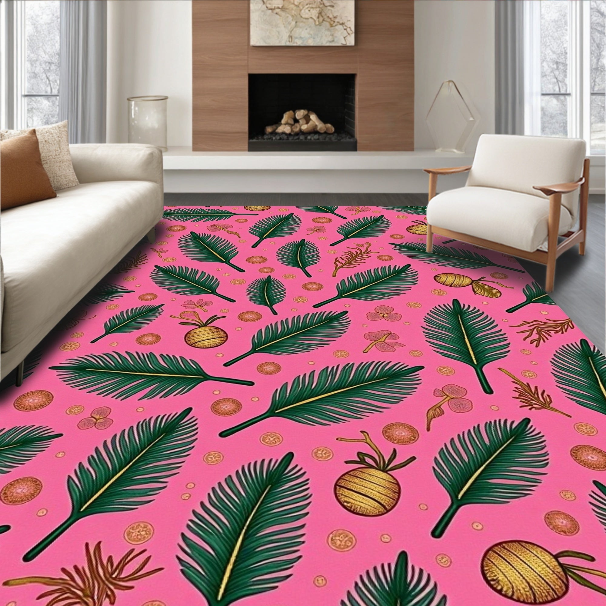 Tropical Green Ferns Gold Accents Pink Rug