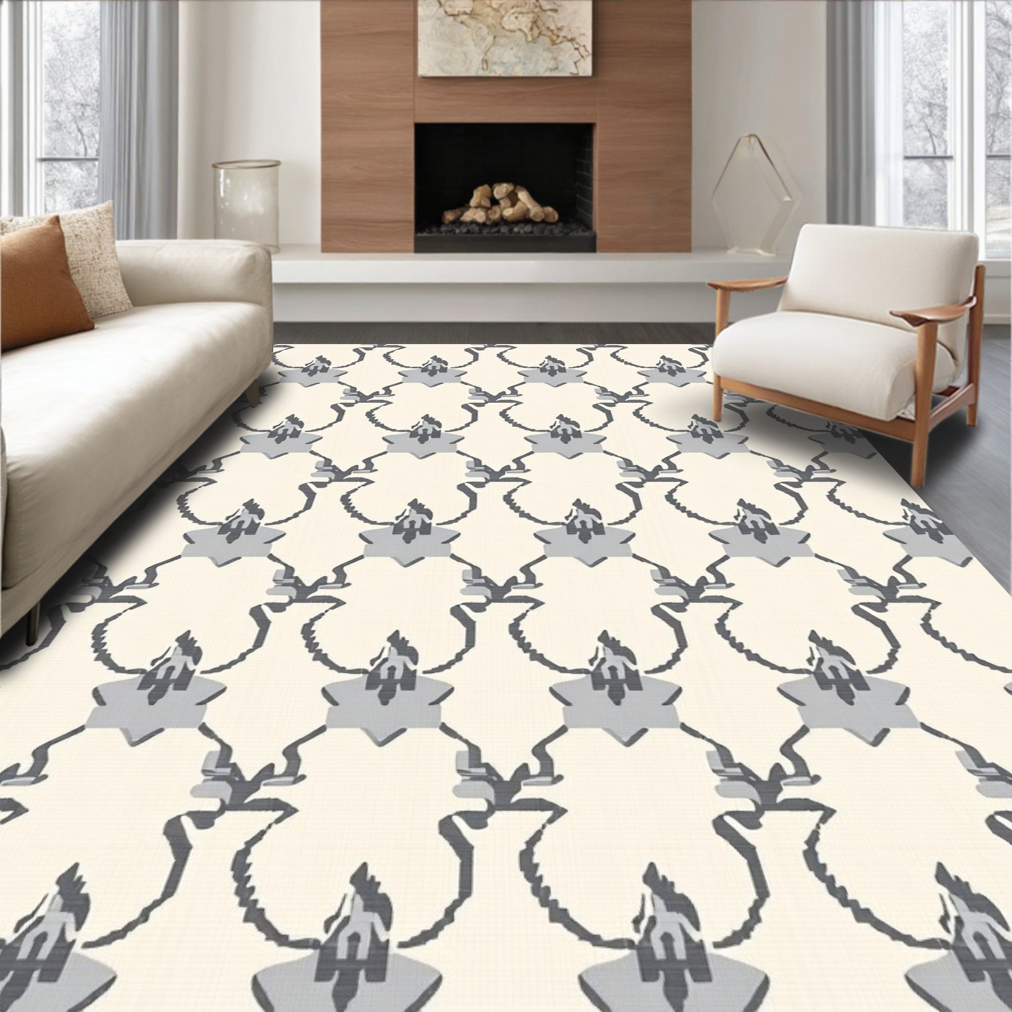 Pale Cream and Gray Arch Motif Rug