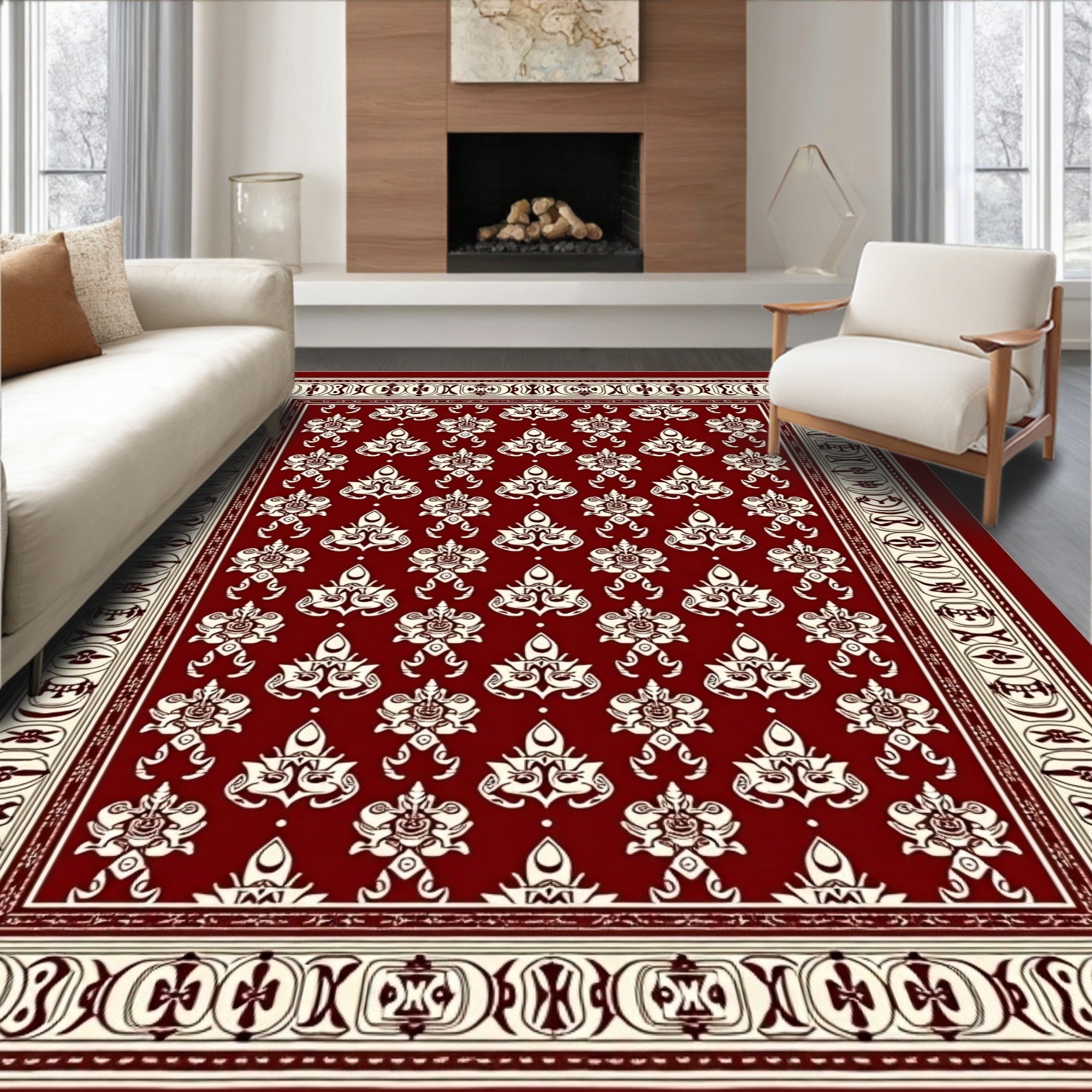 Timeless Burgundy Cream Damask Arrangement Rug