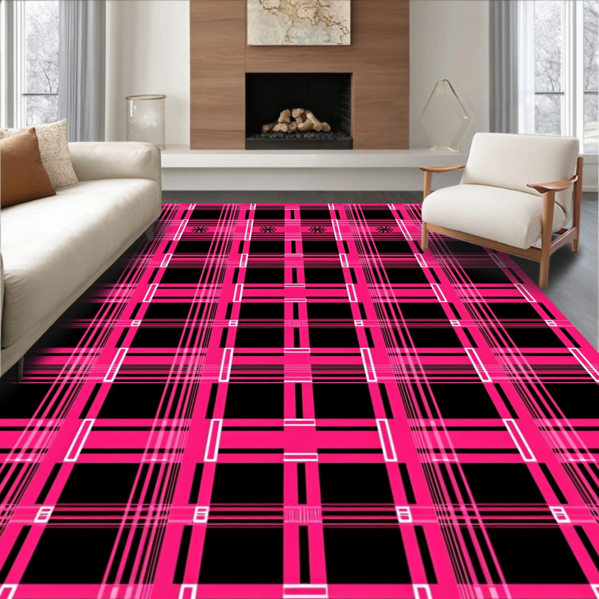 Bold Pink Black Plaid Asterisk Field Rug