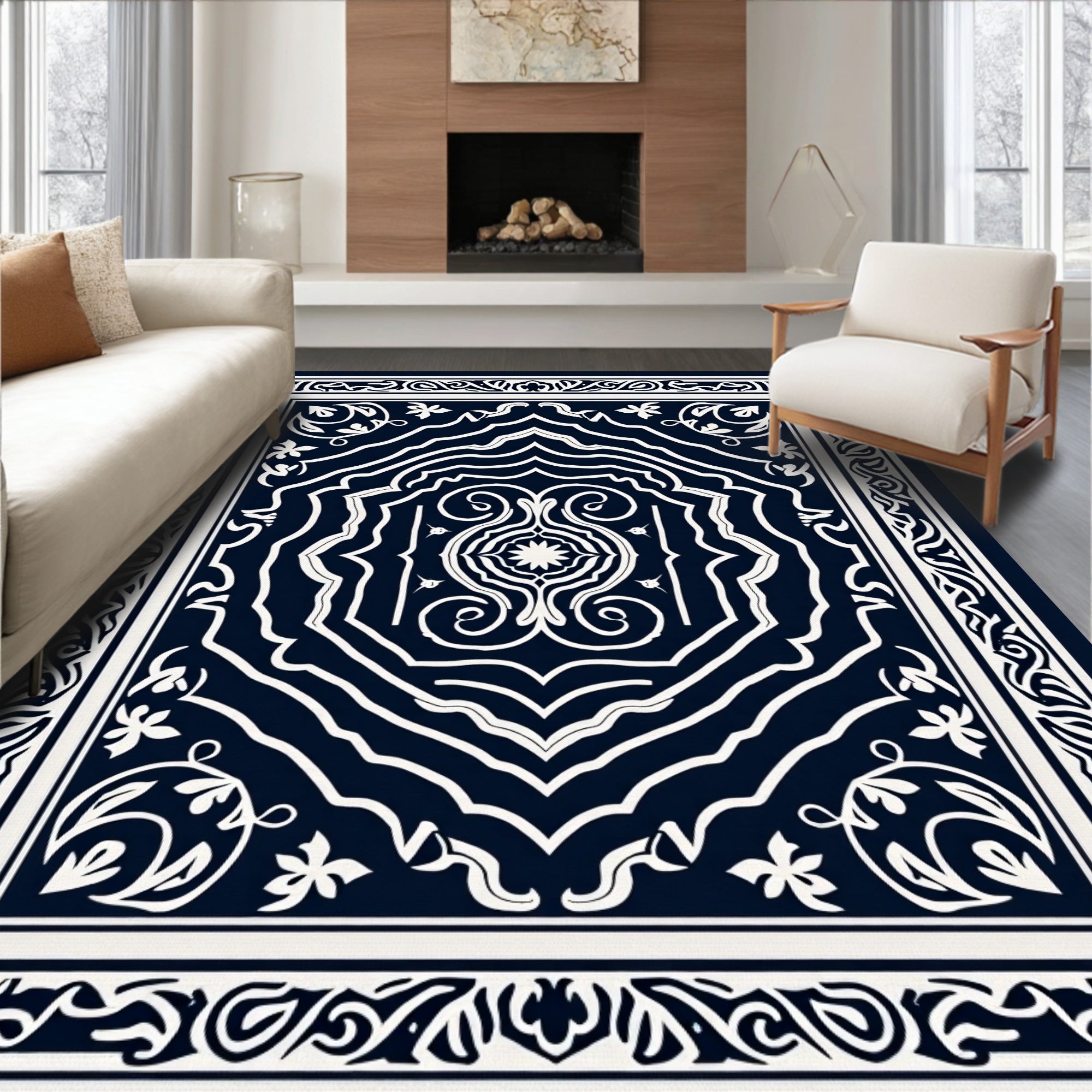 Classic Navy White Elaborate Floral Rug