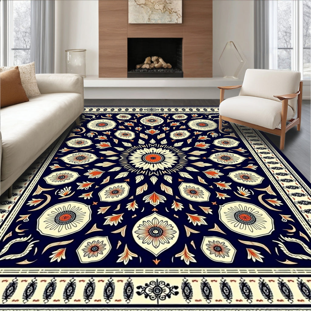 Navy Coral Floral Sunburst Medallion Rug