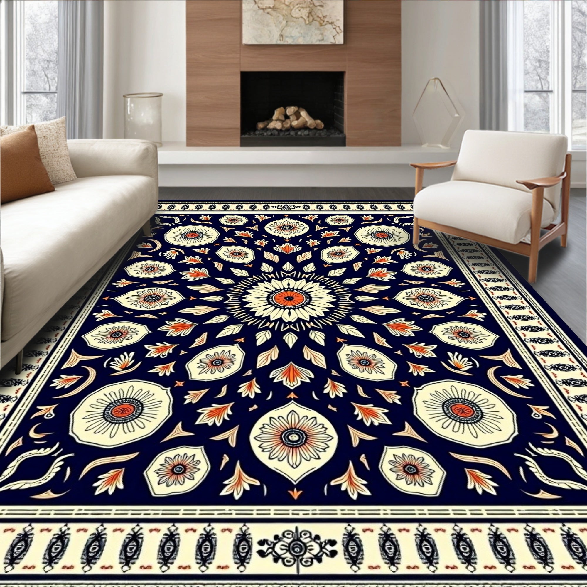 Navy Coral Floral Sunburst Medallion Rug