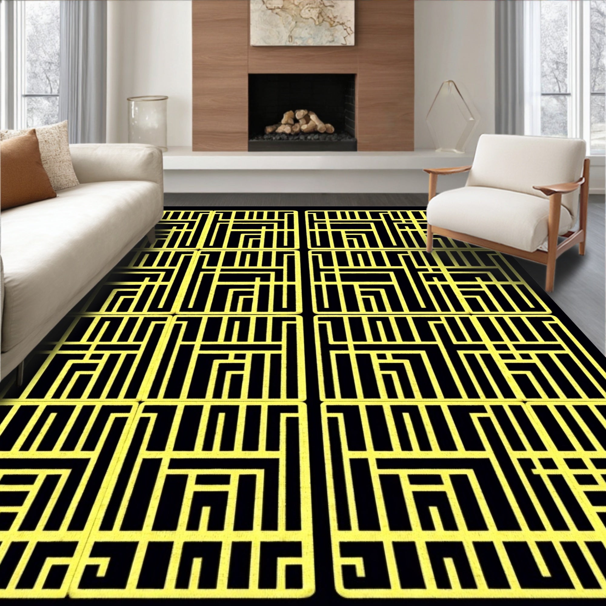 Bold Yellow Geometric Maze Rug