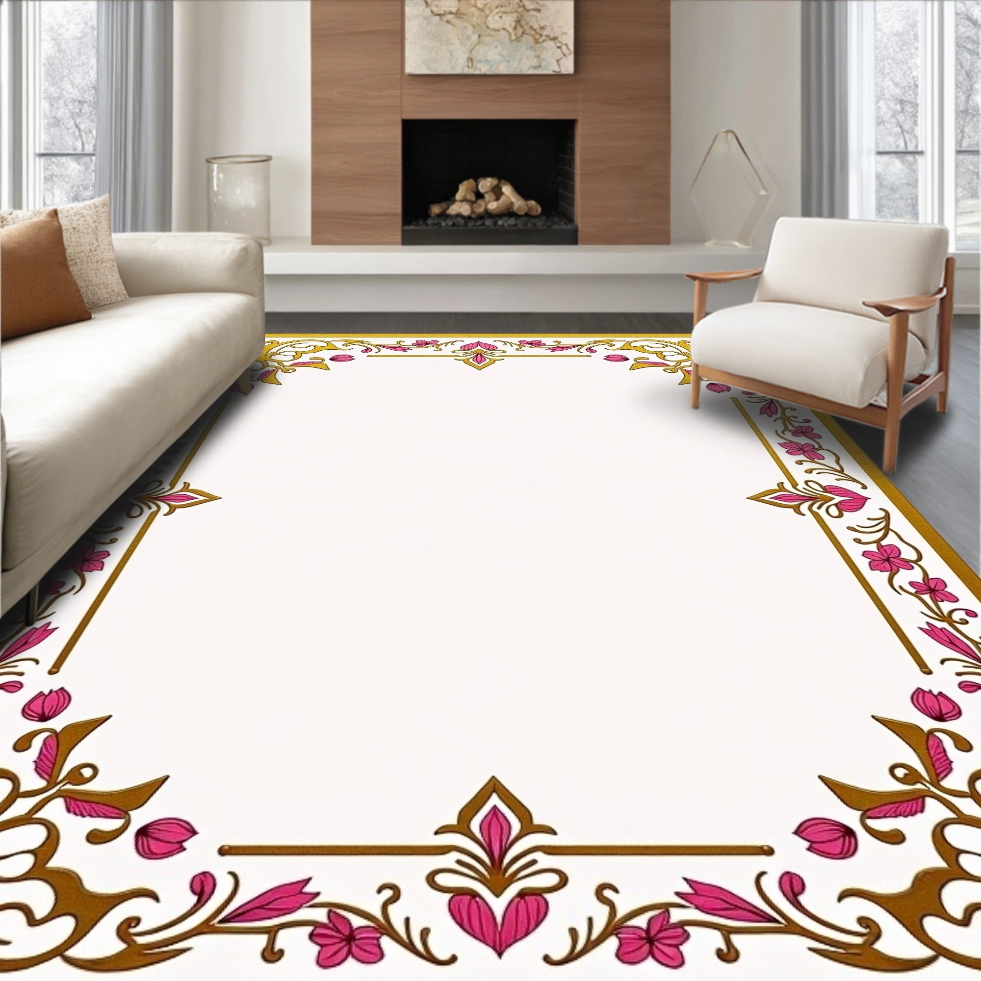 Golden Pink Floral Vine Border Rug