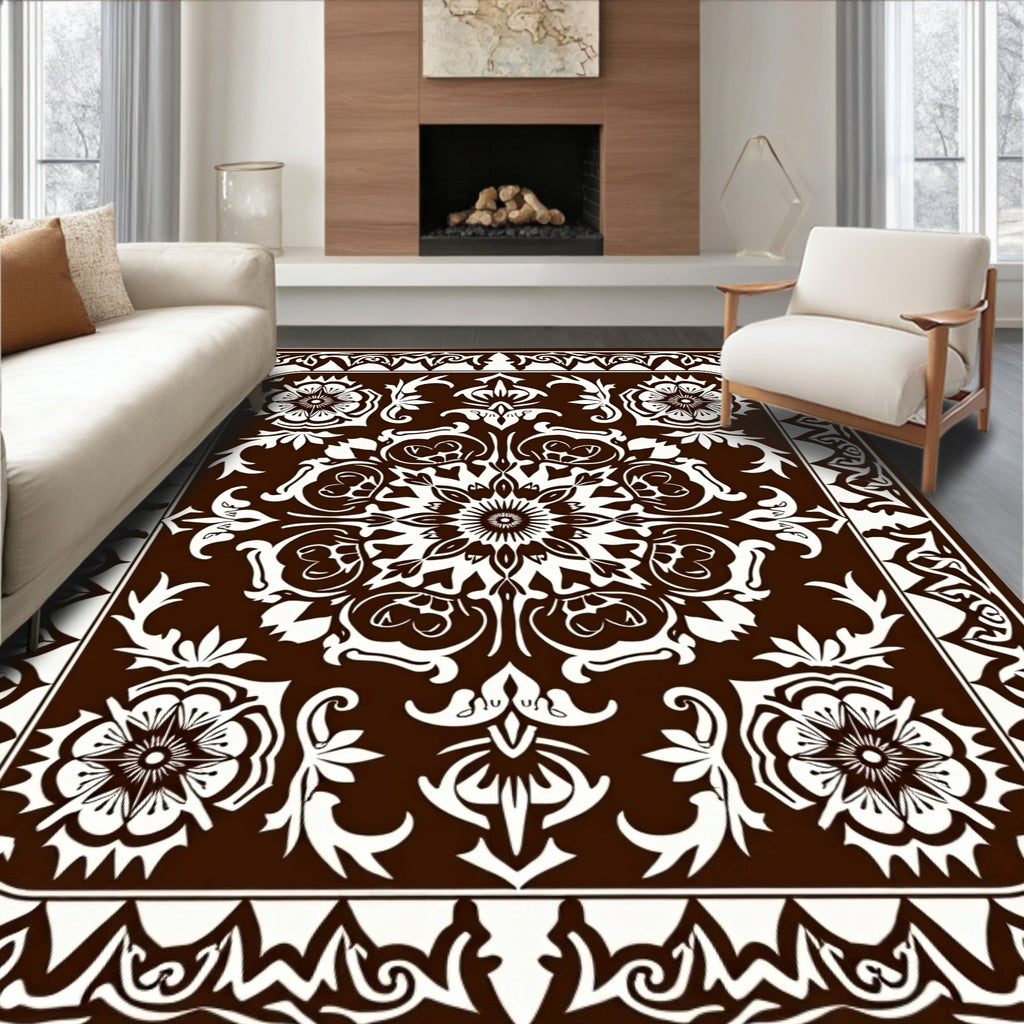 Brown White Ornamental Medallion Rug