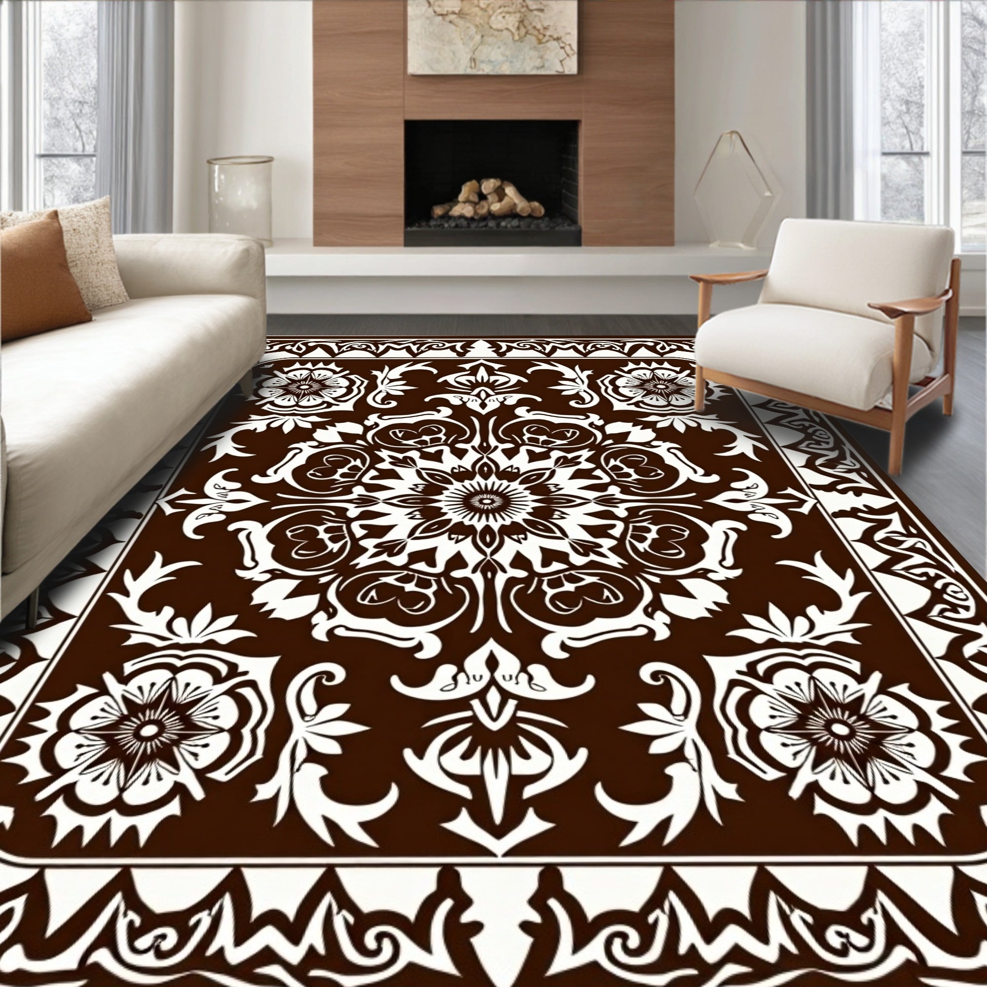 Brown White Ornamental Medallion Rug