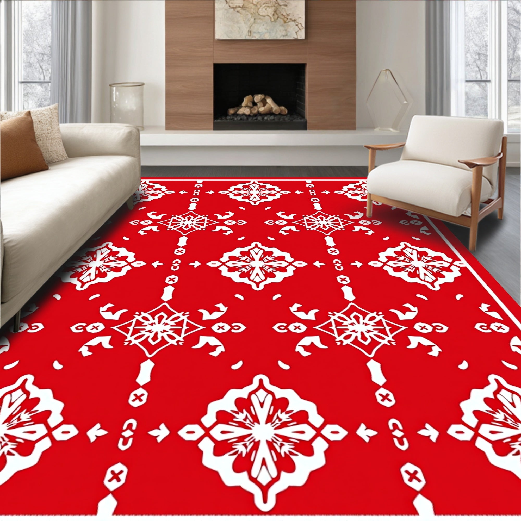 Crimson Ornamental Tile Mandala Rug