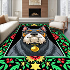 Festive Floral Dog Portrait Artwork Rug