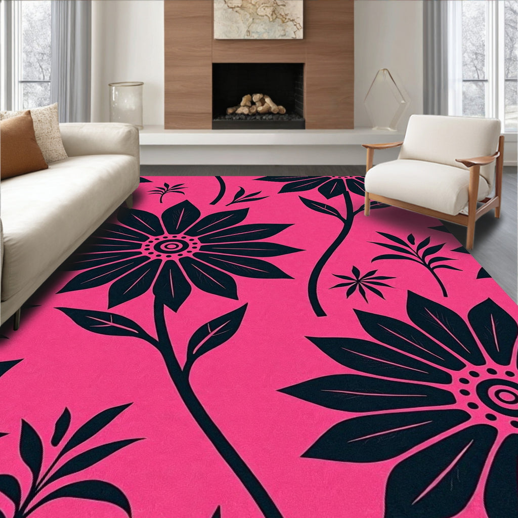 Bold Pink Floral Botanical Artwork Rug