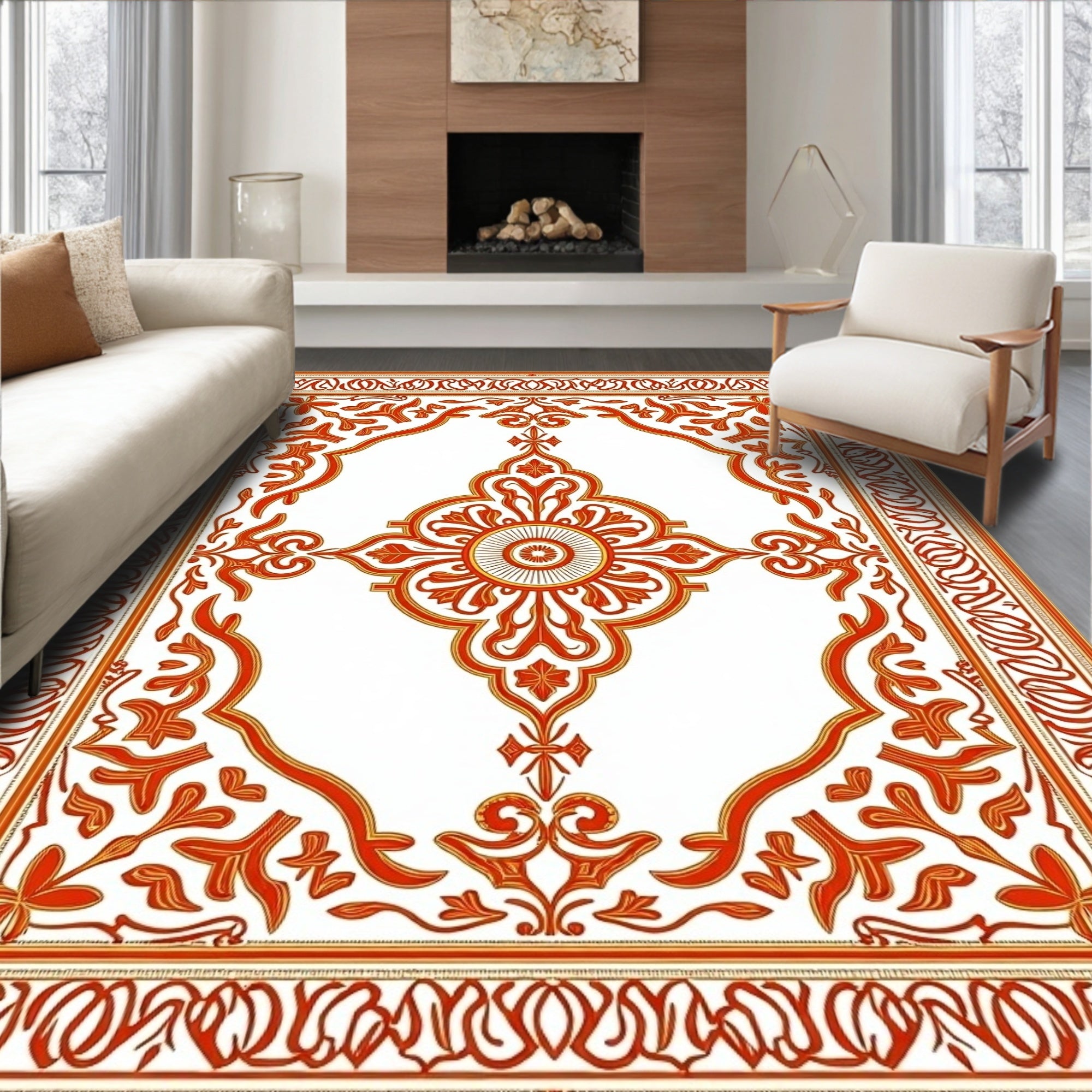 Ornate Crimson and Gold Scrollwork Area Rug
