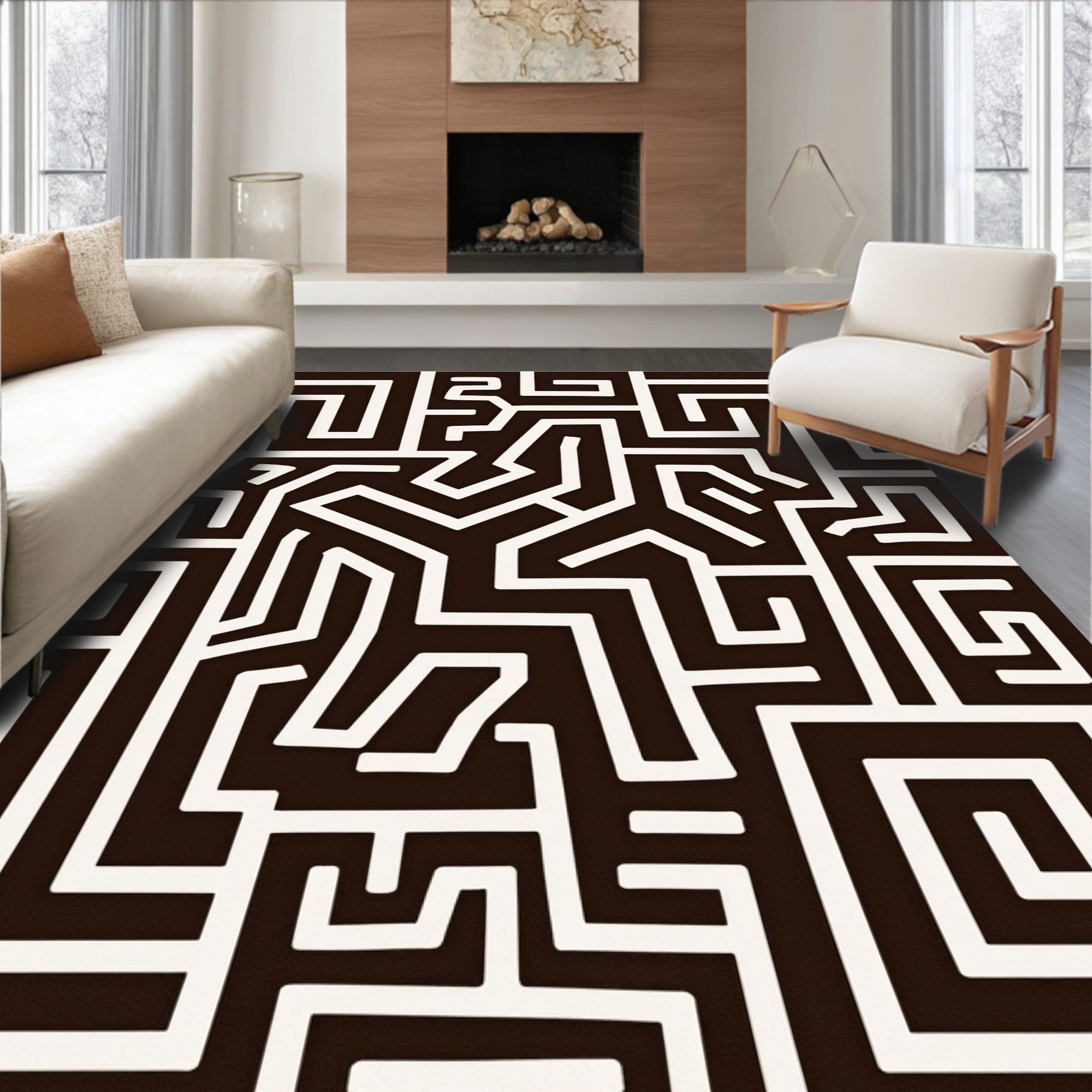 Abstract Black White Geometric Labyrinth Rug