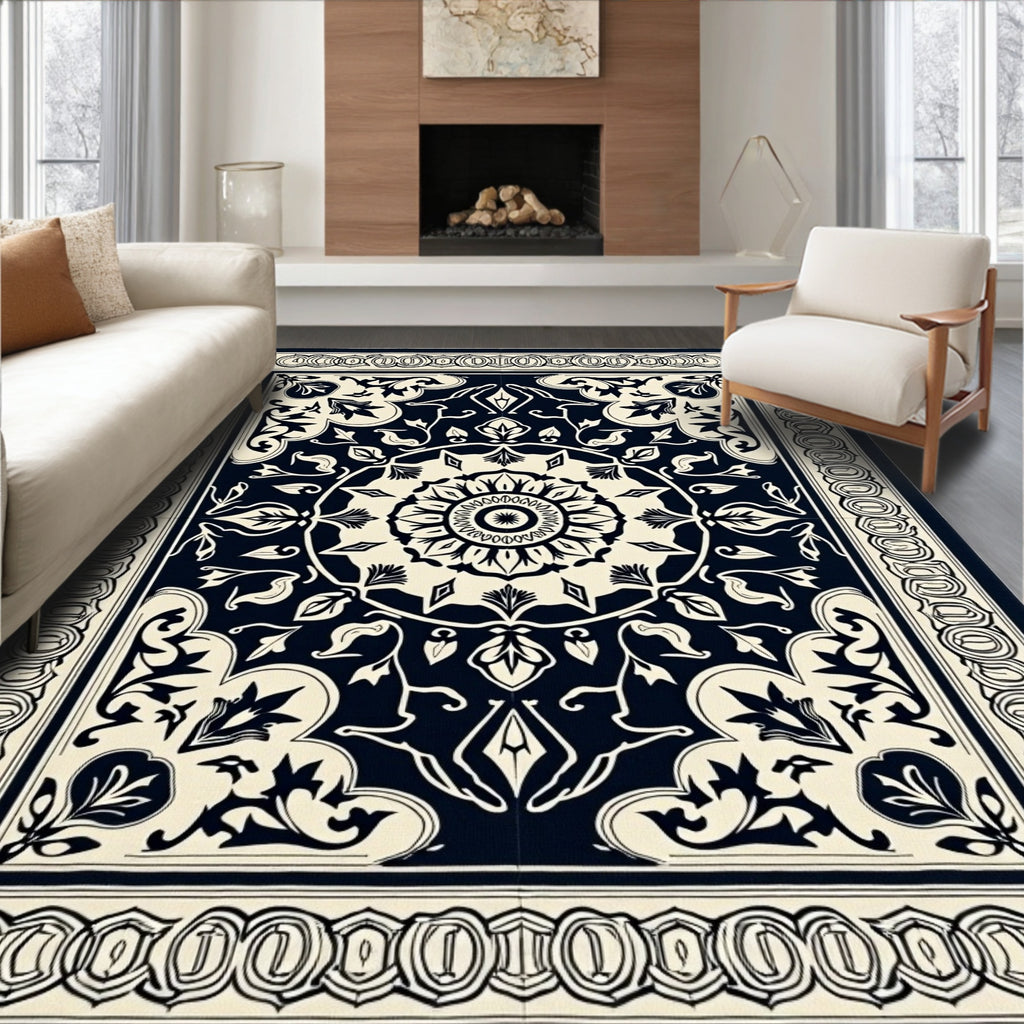 Midnight Cream Floral Medallion Border Rug