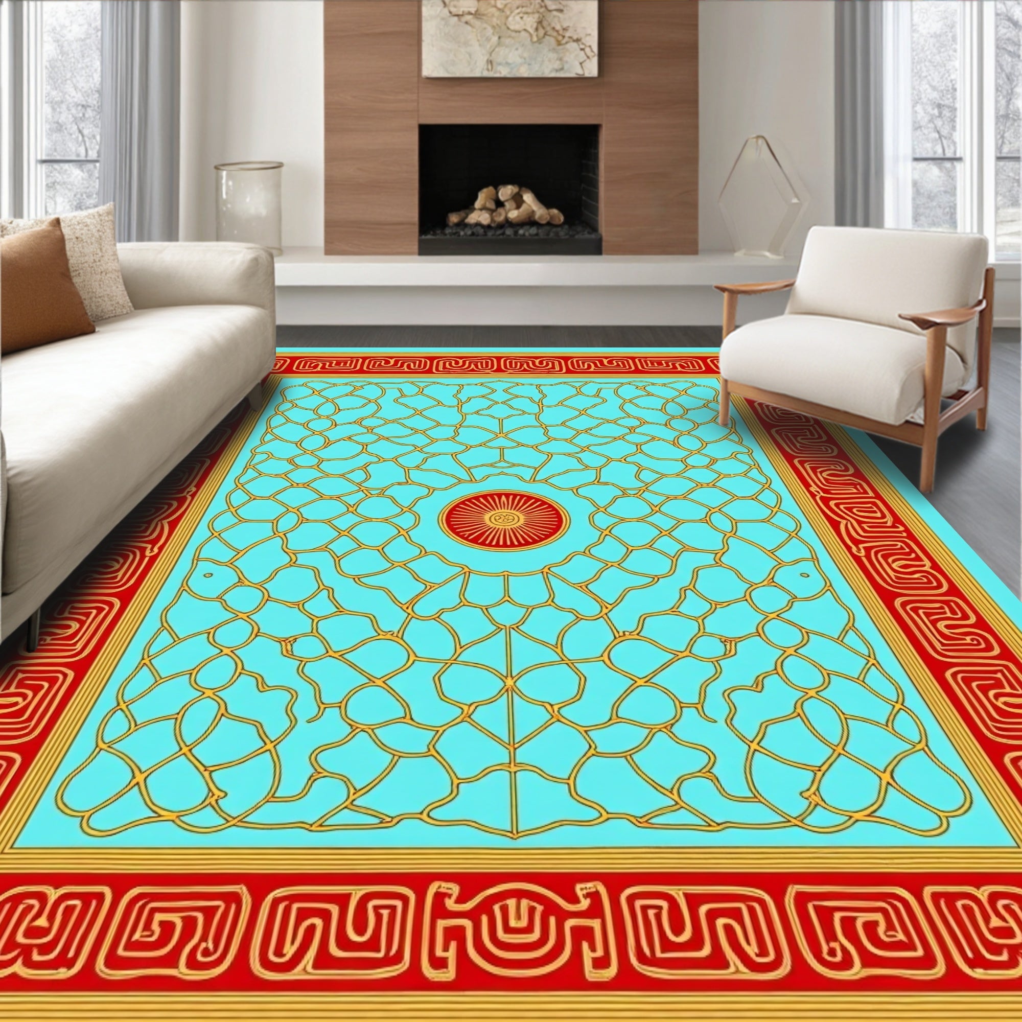 Crimson Gold Chain Mandala Teal Rug