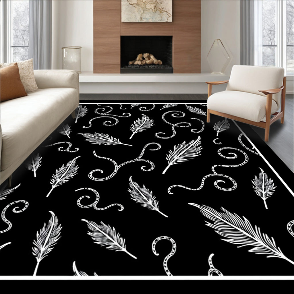 Black White Feather Swirls Collage Rug