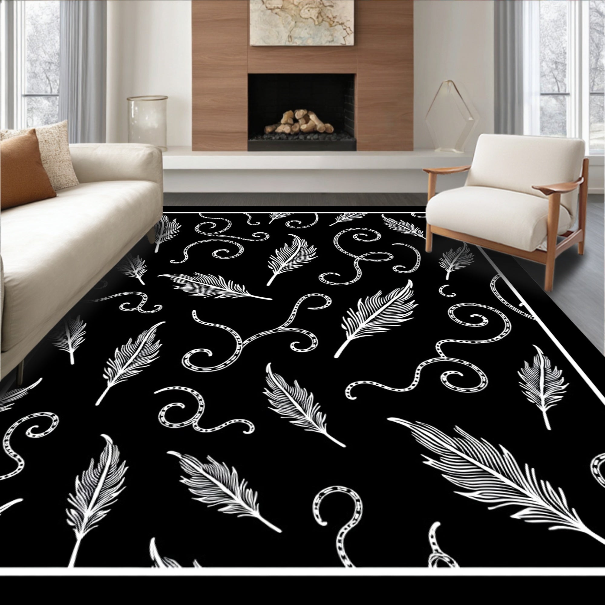 Black White Feather Swirls Collage Rug