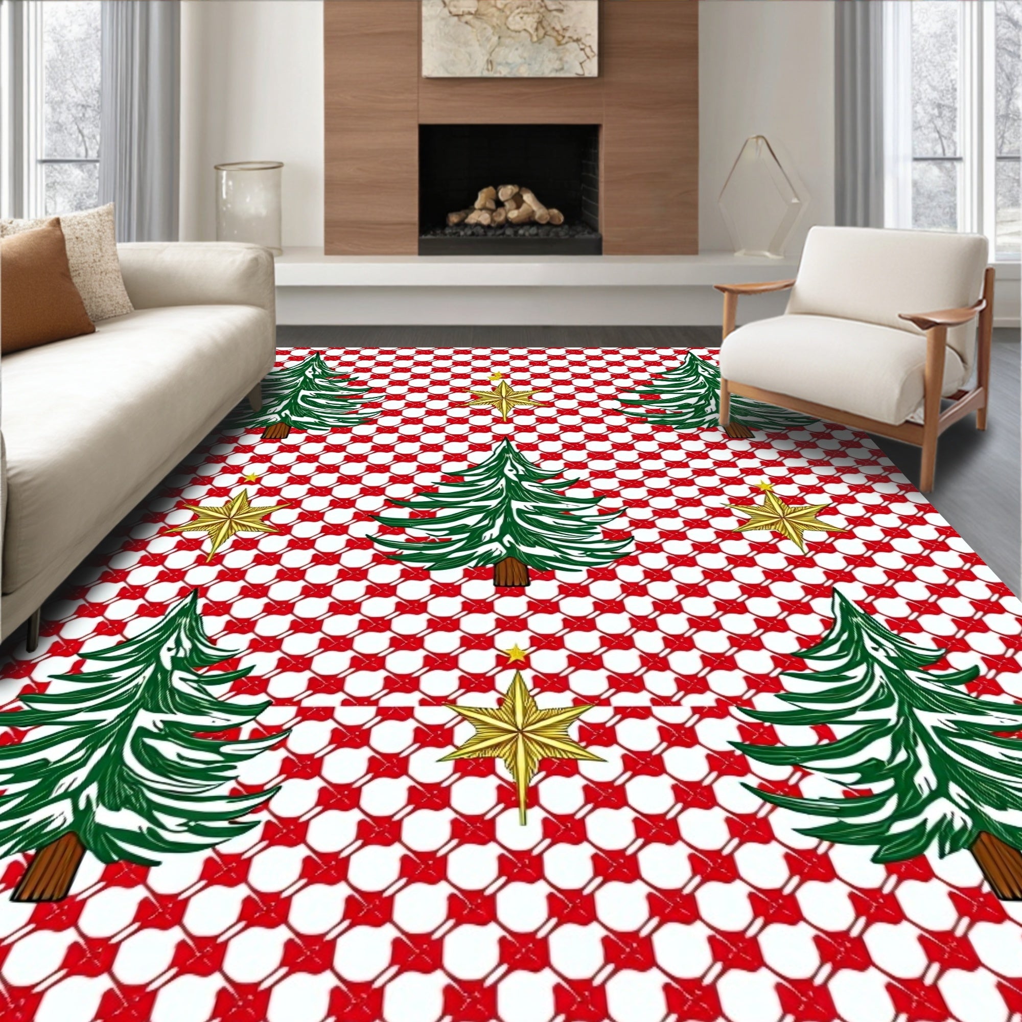 Festive Green Tree Gold Star Overlay Rug