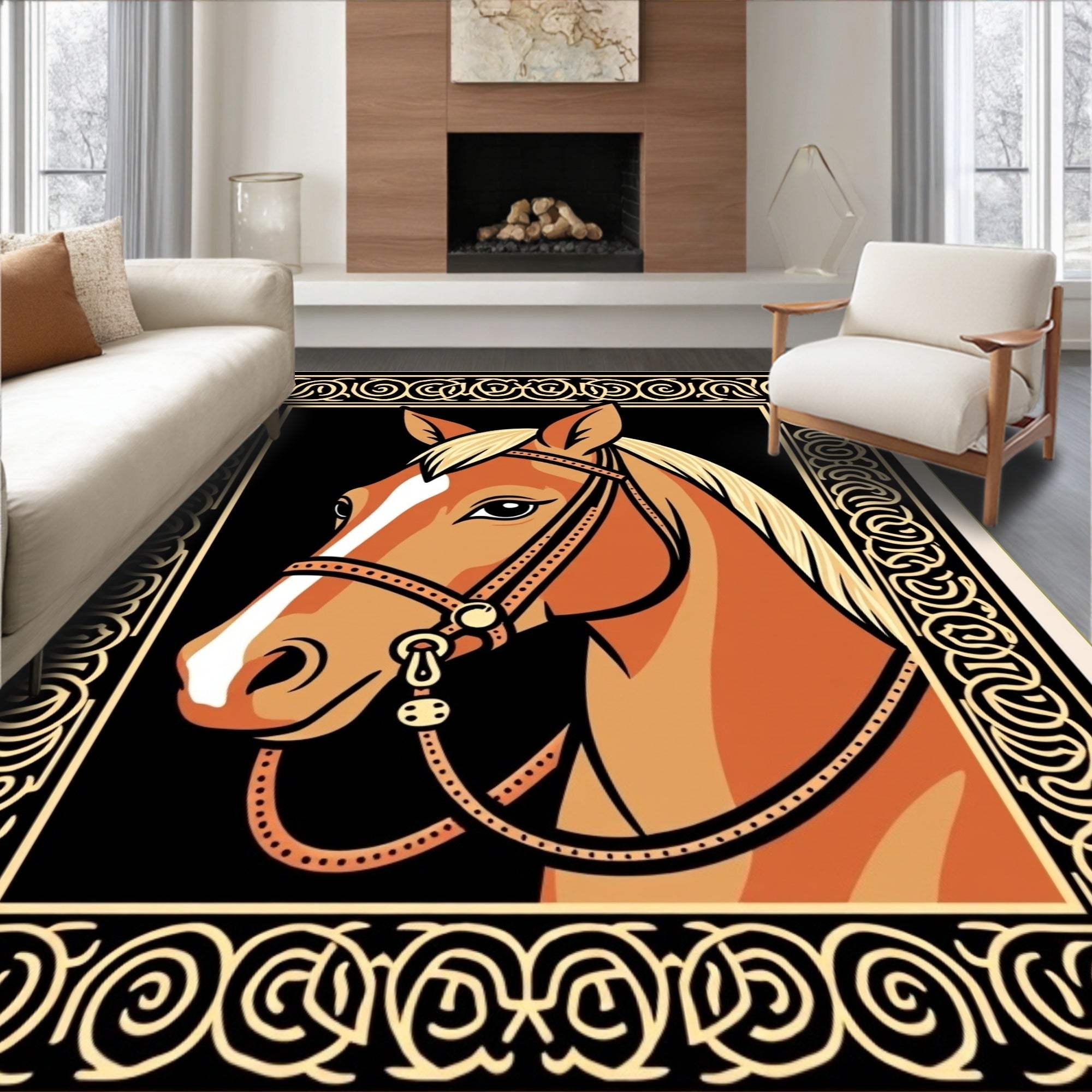 Golden Horse Portrait with Ornate Border Rug