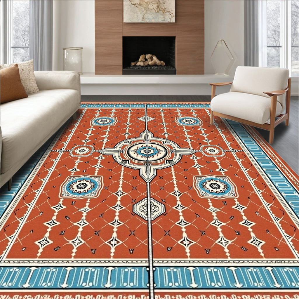 Terracotta And Azure Geometric Starburst Rug