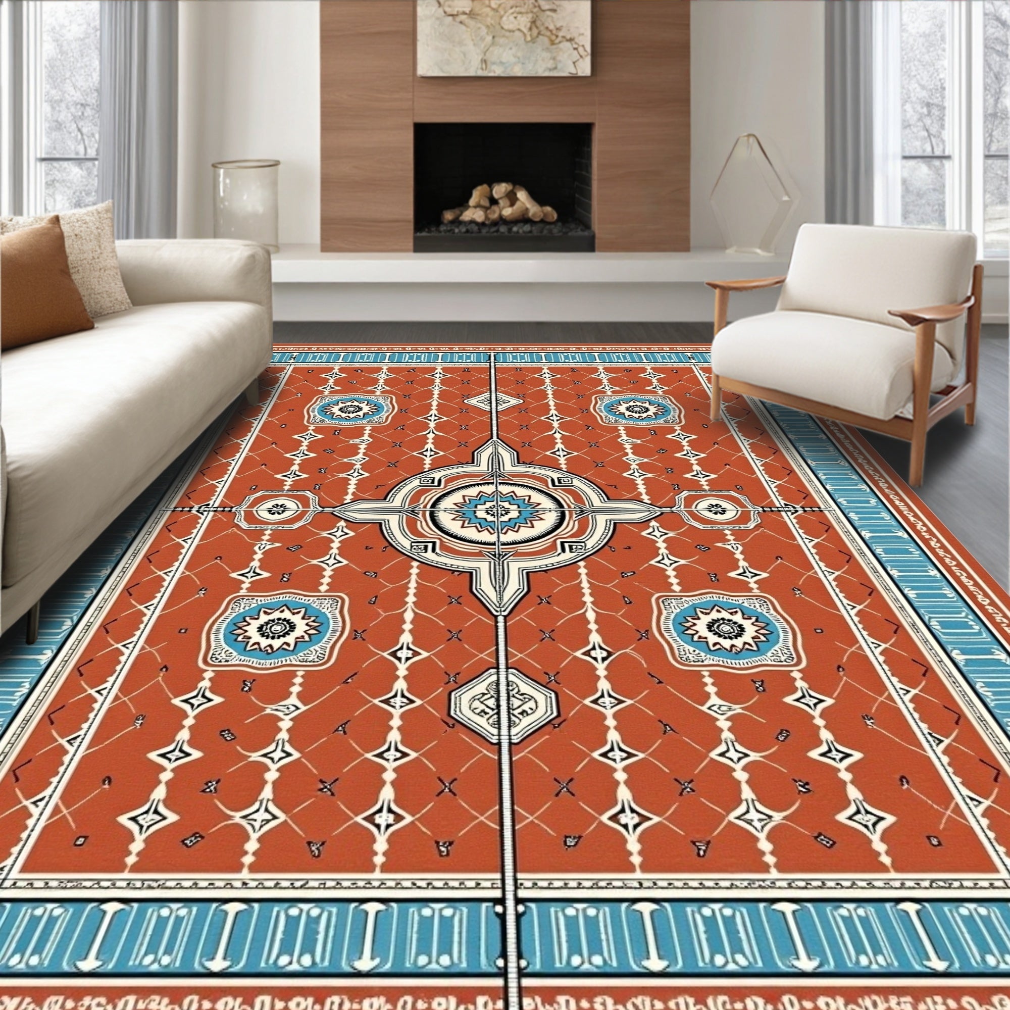 Terracotta And Azure Geometric Starburst Rug