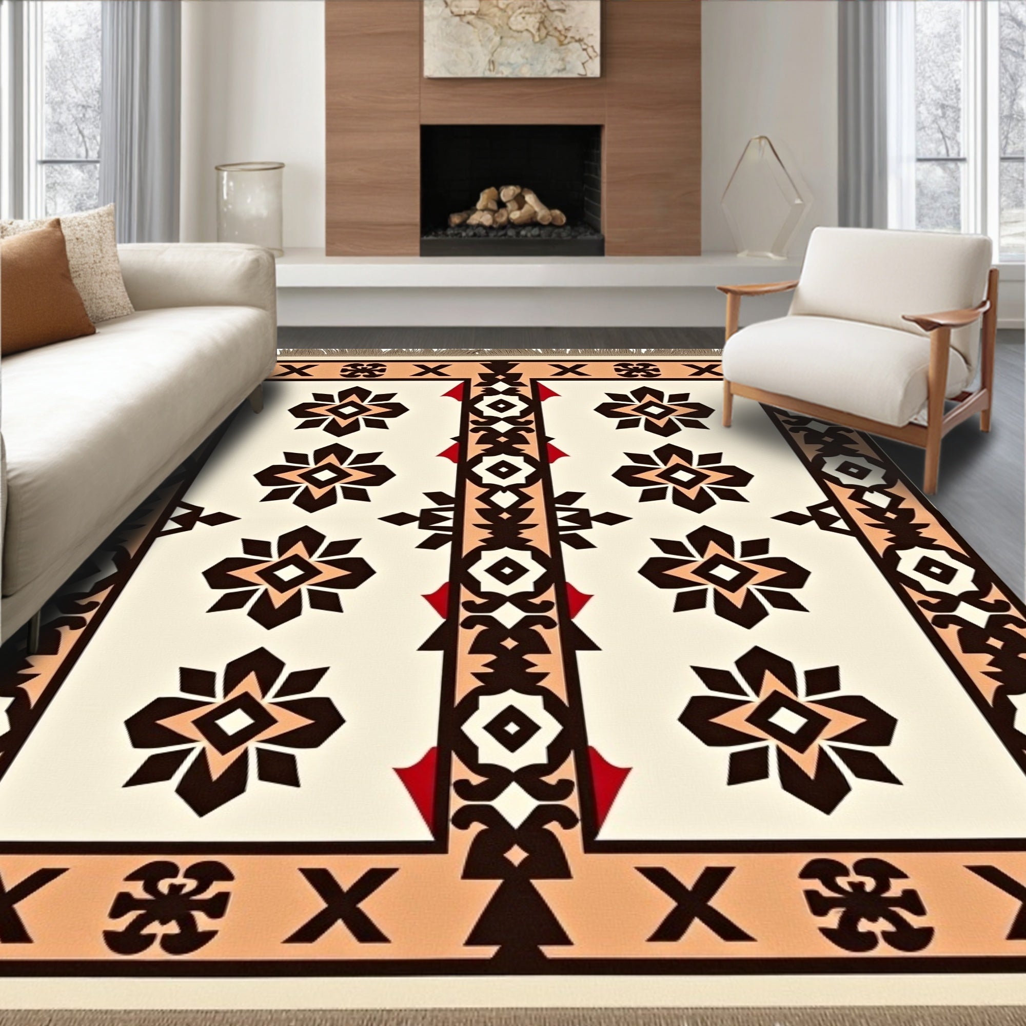 Cream and Brown Geometric Medallion Rug