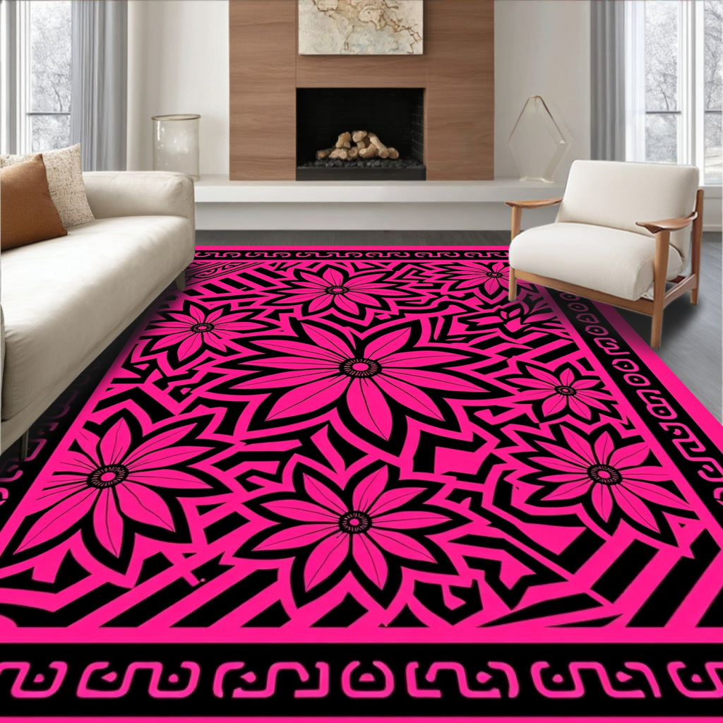 Vibrant Pink Floral Abstract Geometric Rug