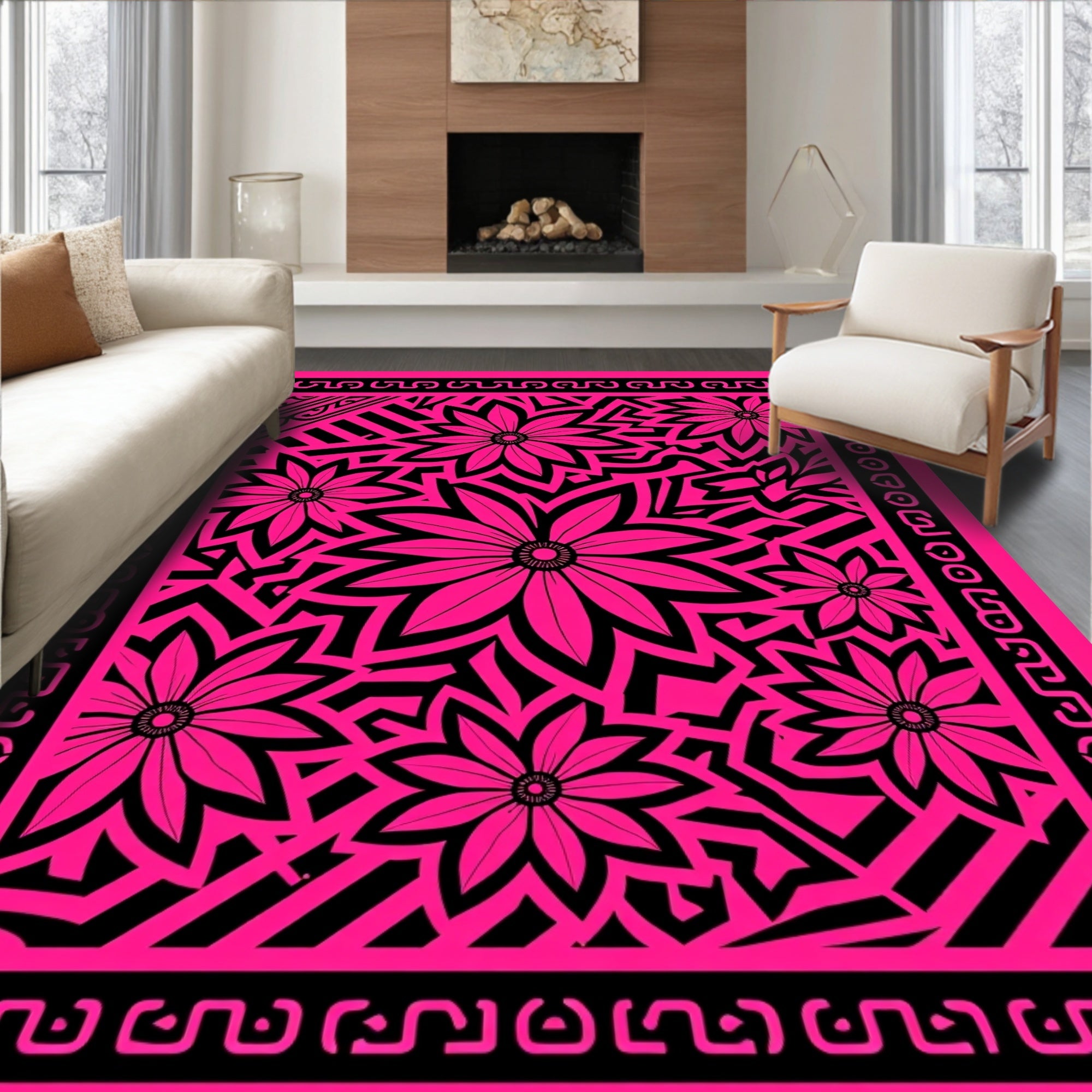 Vibrant Pink Floral Abstract Geometric Rug