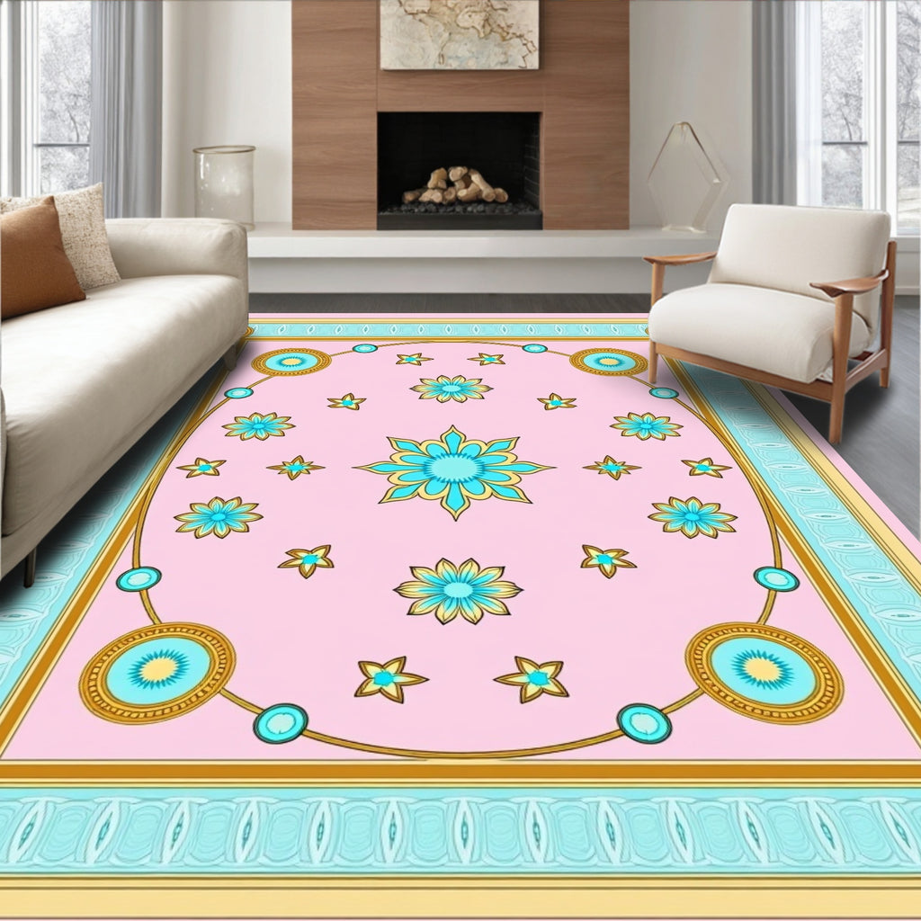 Pink Turquoise Gold Floral Medallion Frame Rug