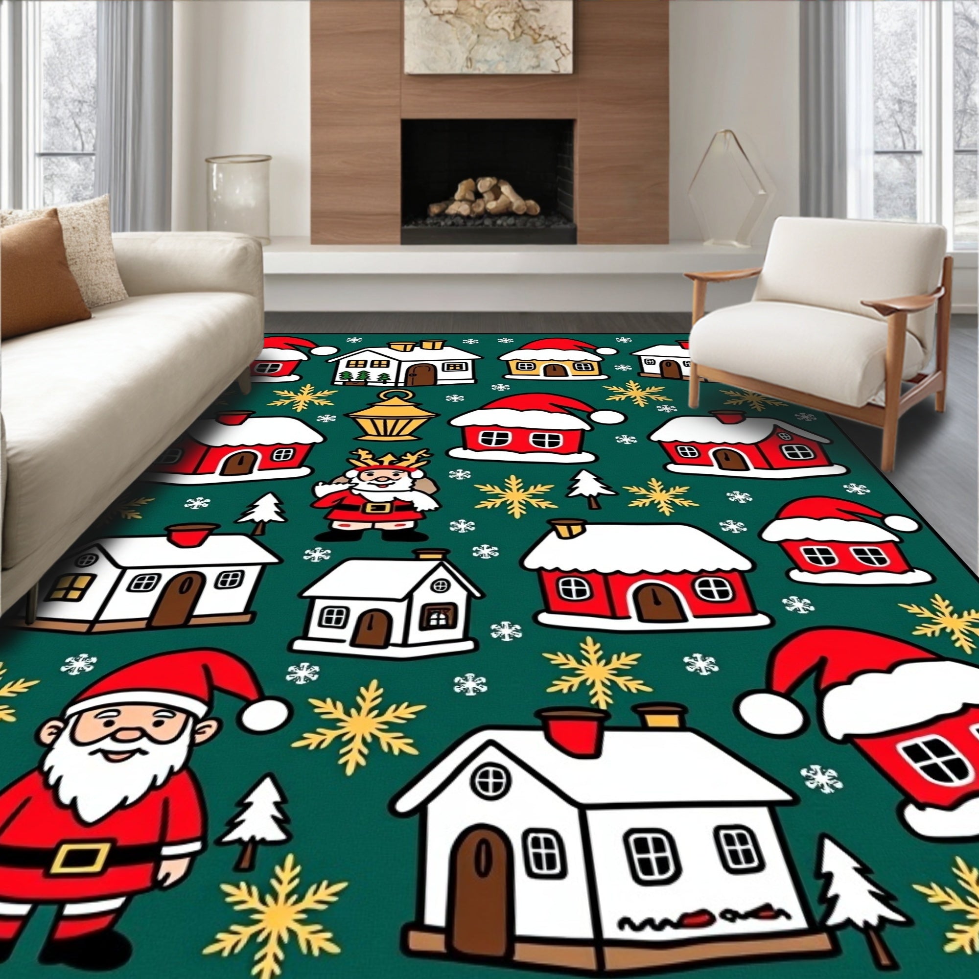 Festive Santa Houses Snowflake Celebration Rug