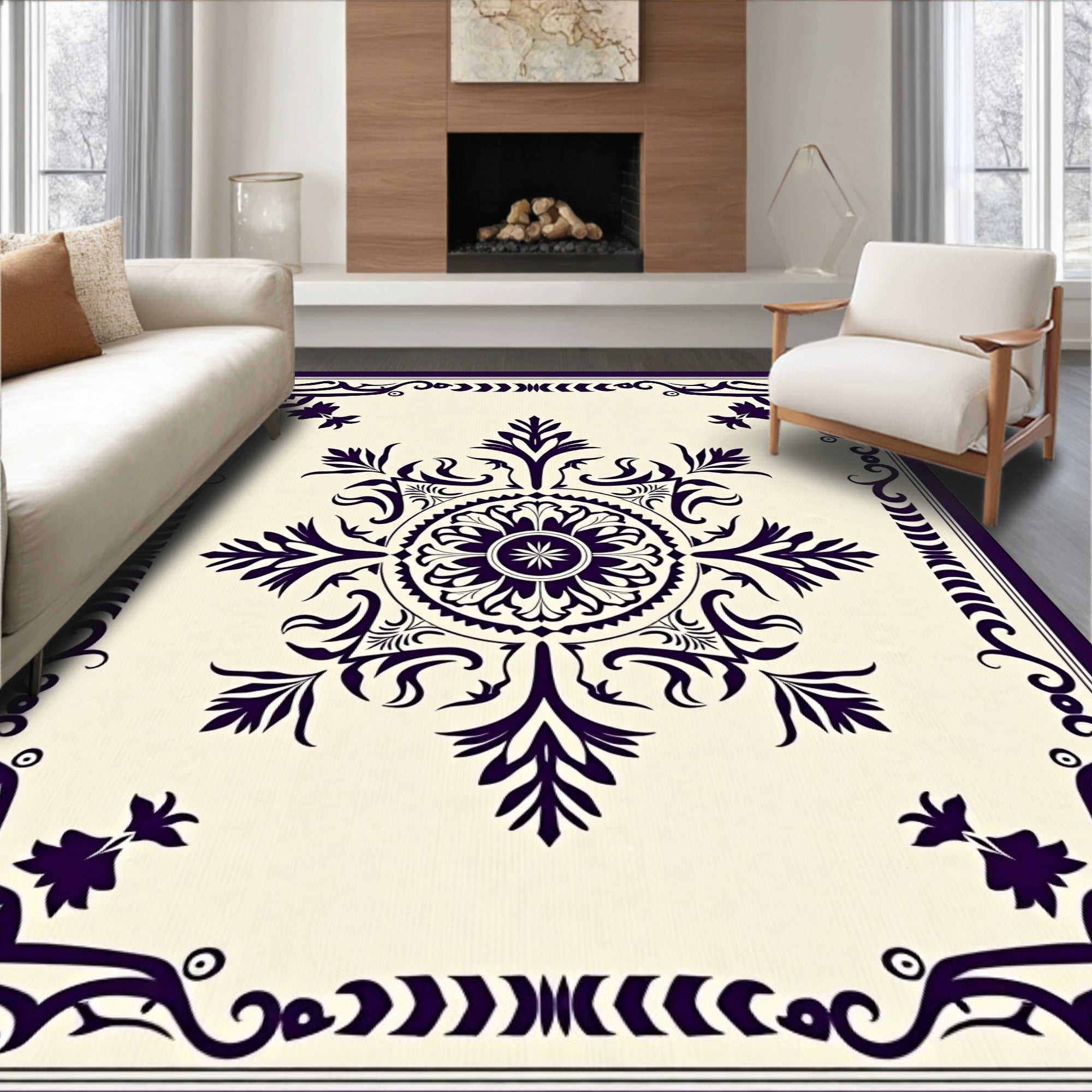 Deep Plum Floral Medallion Border Rug