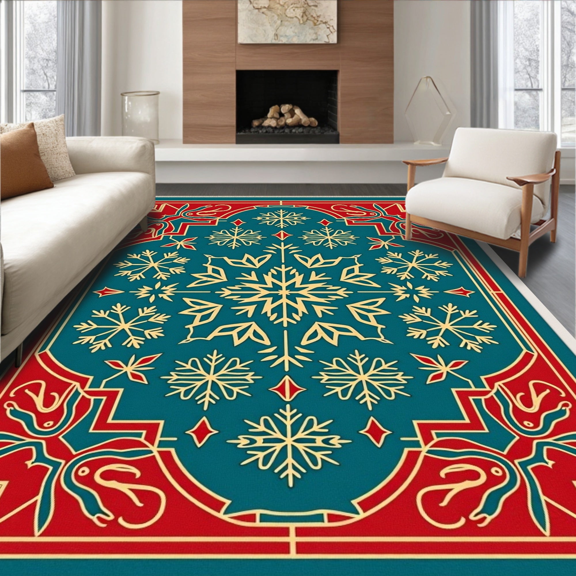 Teal Red Gold Snowflake Medallion Rug