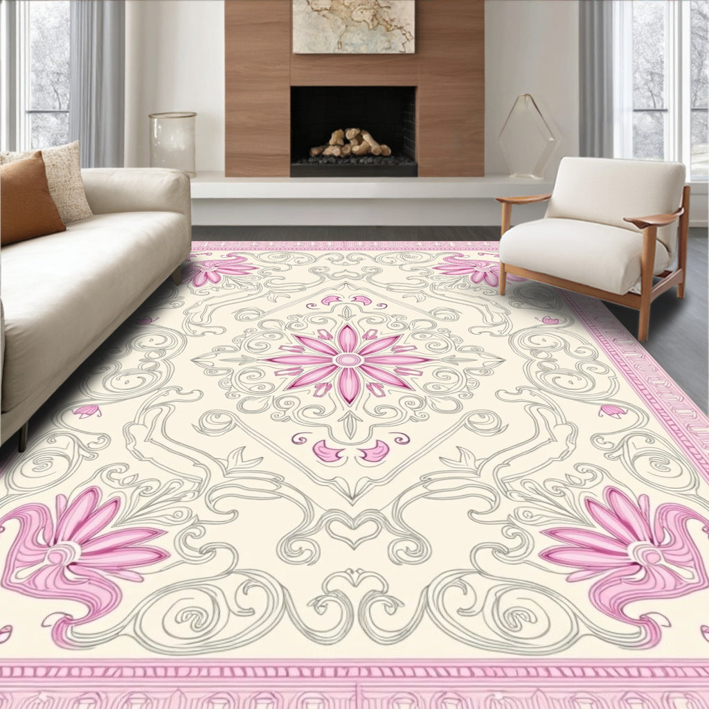 Pink Floral Scrollwork Cream Medallion Rug