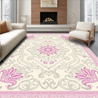 Pink Floral Scrollwork Cream Medallion Rug