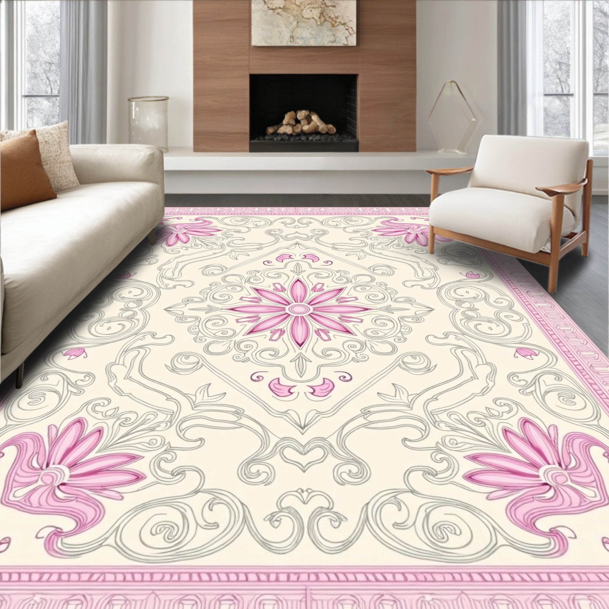 Pink Floral Scrollwork Cream Medallion Rug