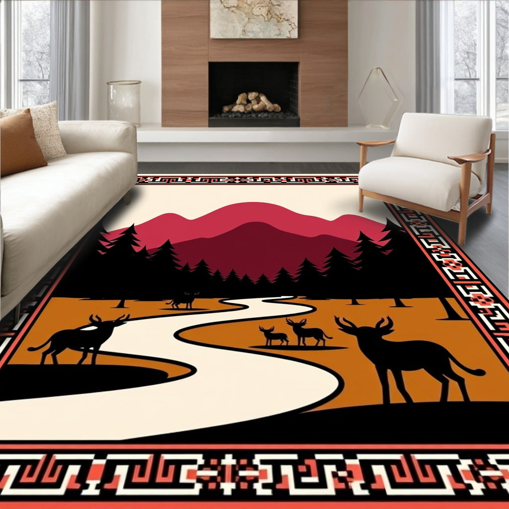 Crimson Mountains With Deer River Scene Rug