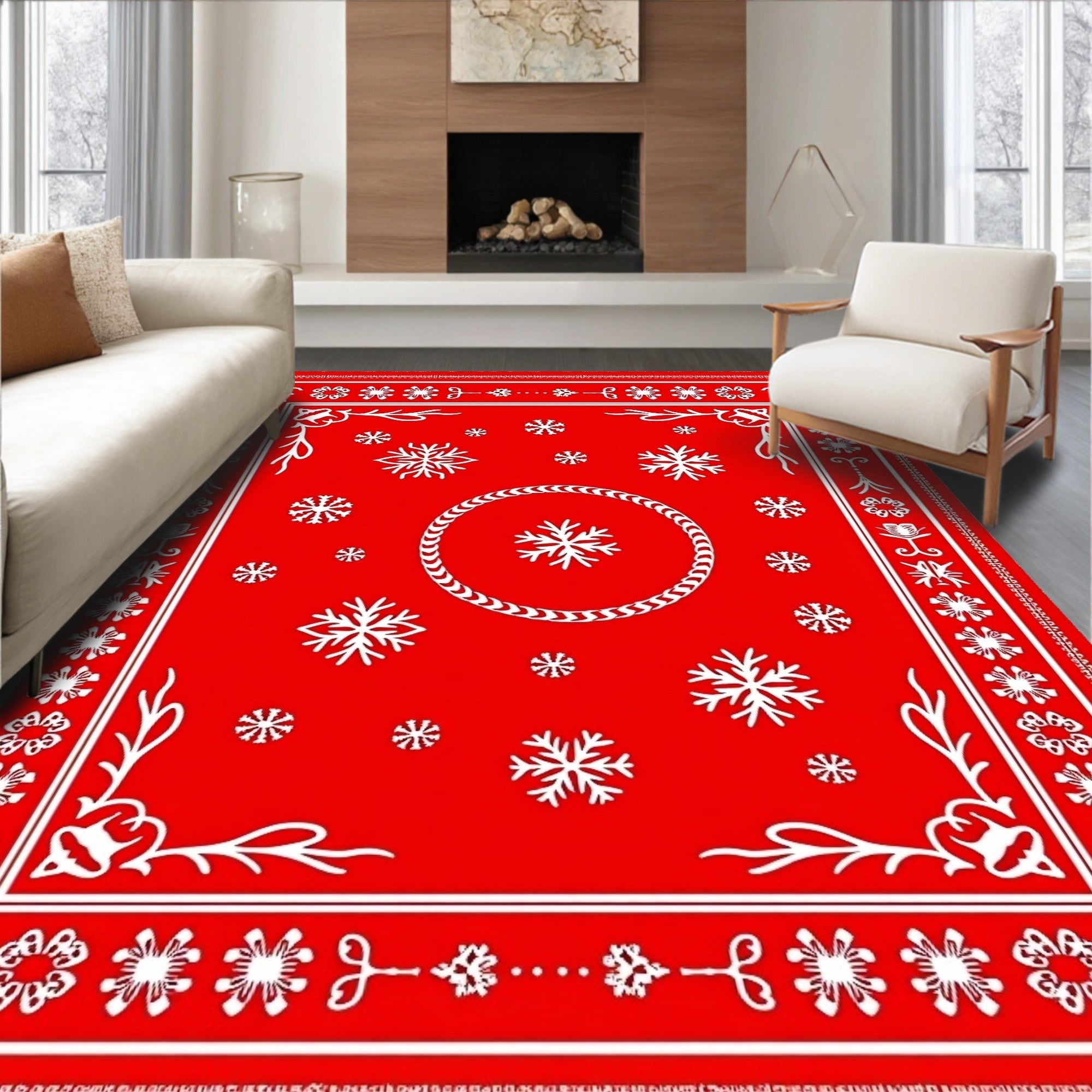Winter Snowflake Snowfall Medallion Scarlet Rug