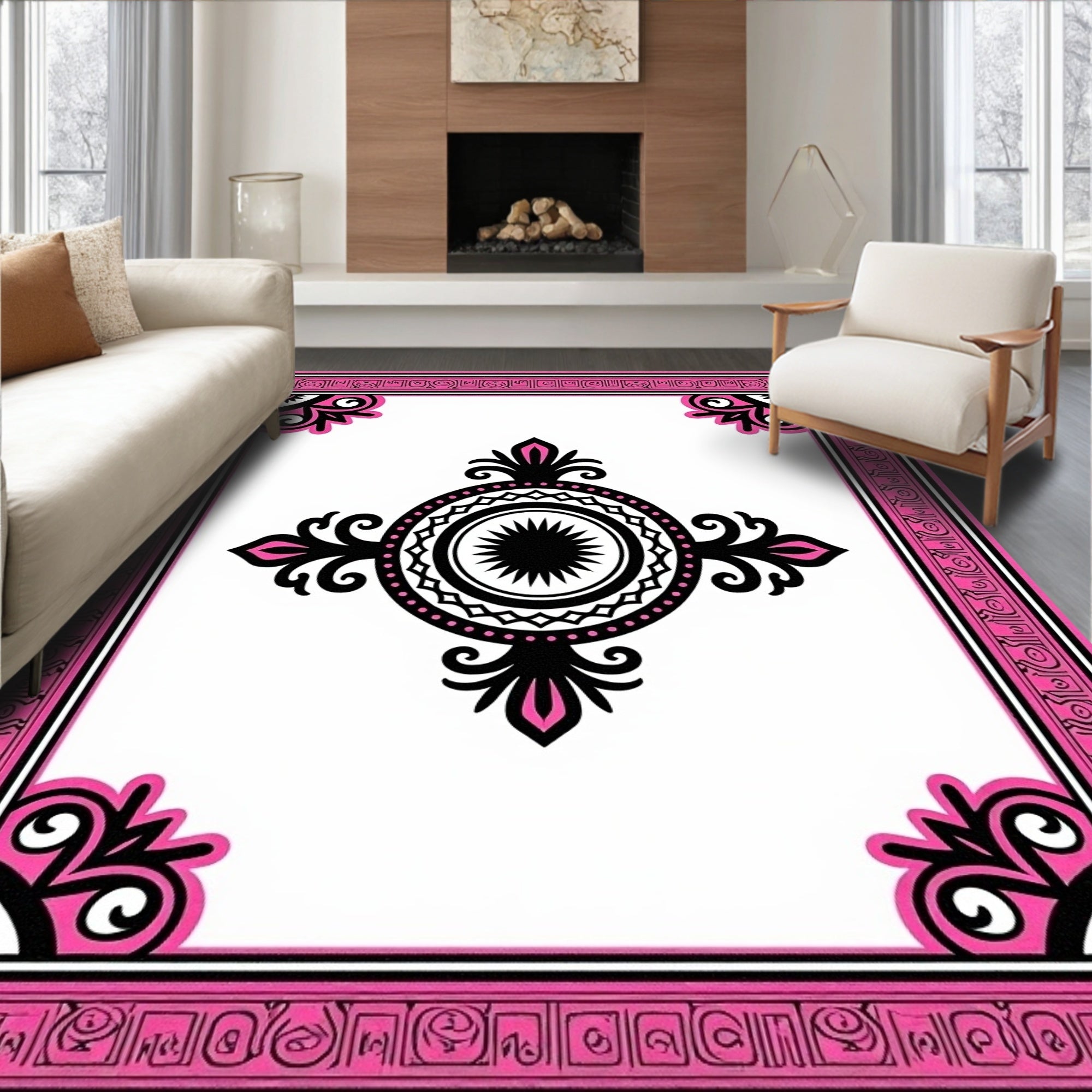 Bold Pink Black Medallion Border Rug