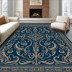 Dark Blue and Gold Filigree Scroll Rug