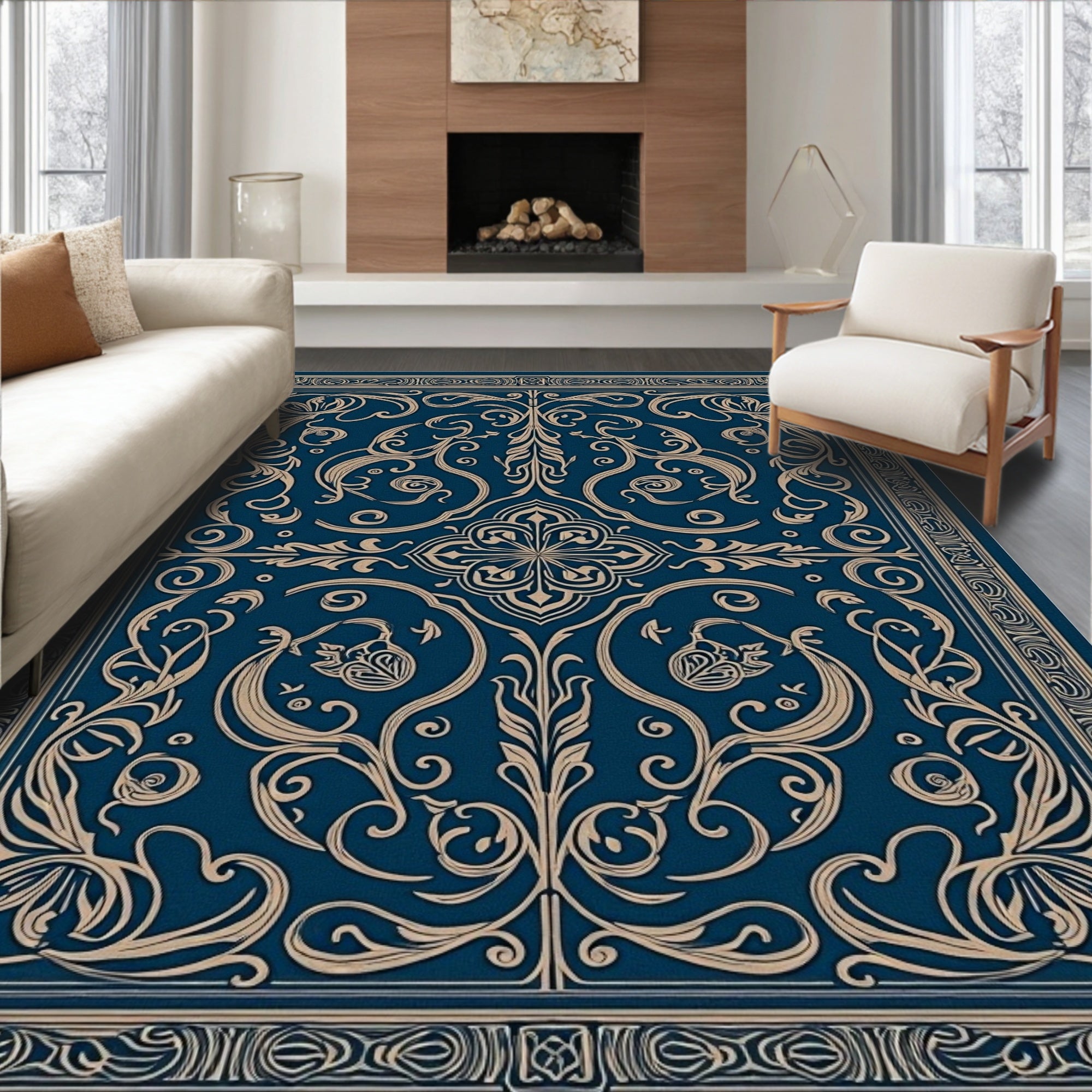 Dark Blue and Gold Filigree Scroll Rug