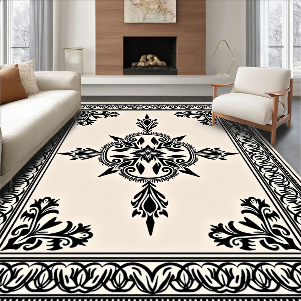 Black Floral Medallion on Cream Surface Rug