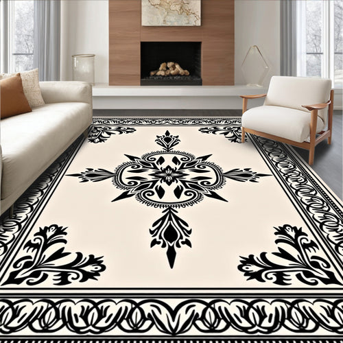 Black Floral Medallion on Cream Surface Rug