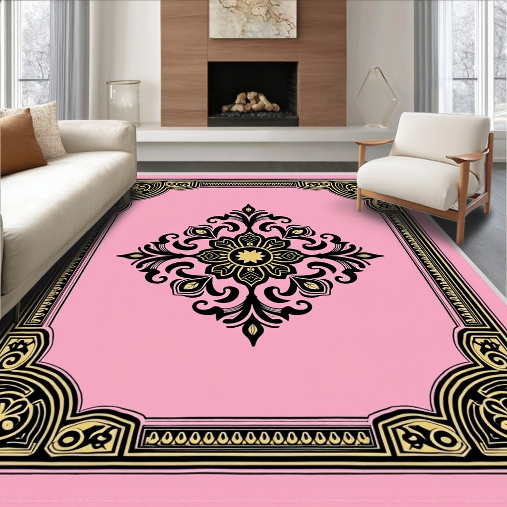 Pink Golden Floral Scroll Border Rug