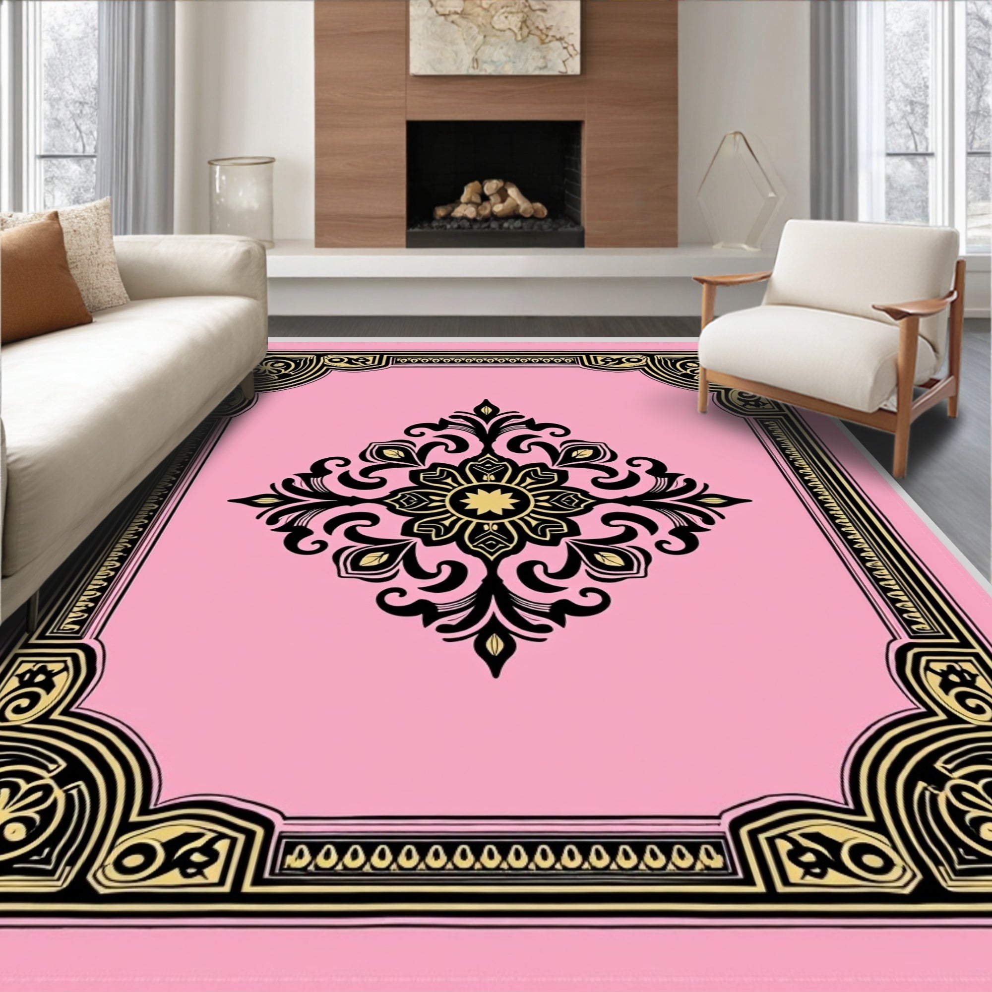 Pink Golden Floral Scroll Border Rug