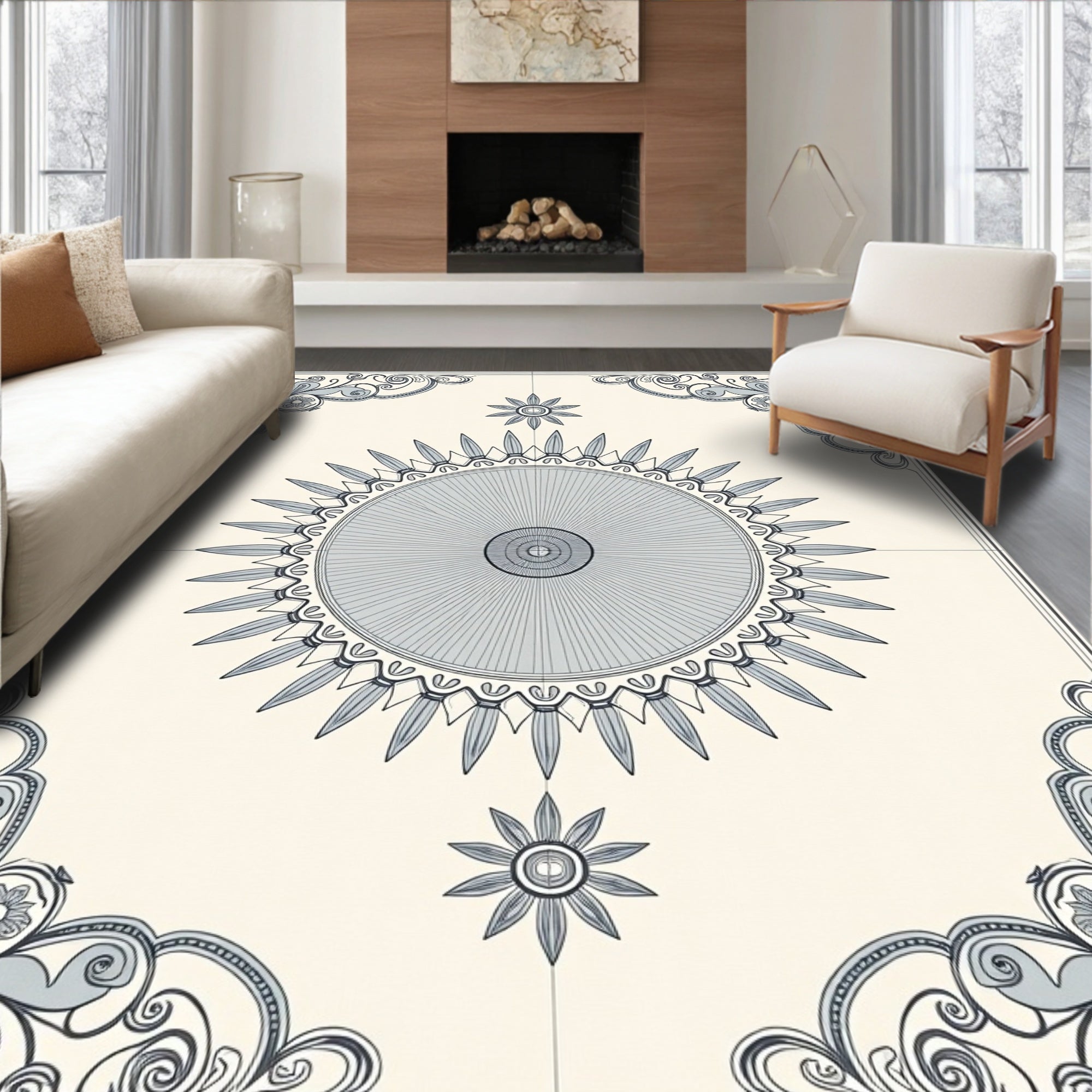 Antique Blue Sunburst Floral Medallion Rug