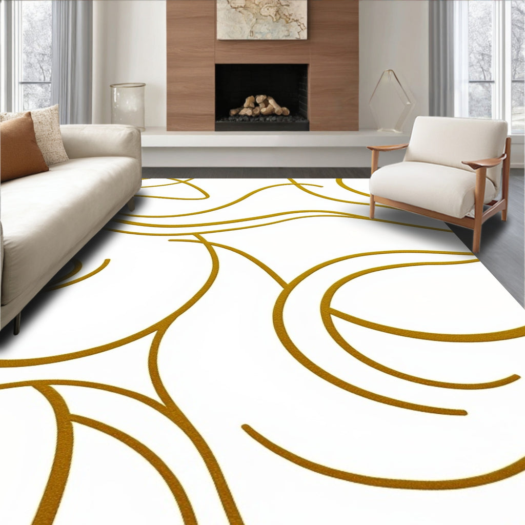 Golden Swirl Abstract Curvy Lines Rug