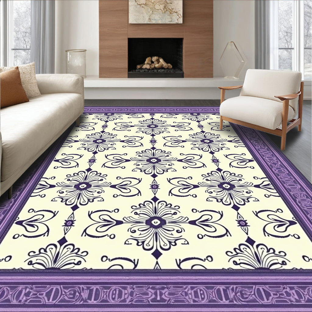 Purple Cream Damask Floral Border Rug
