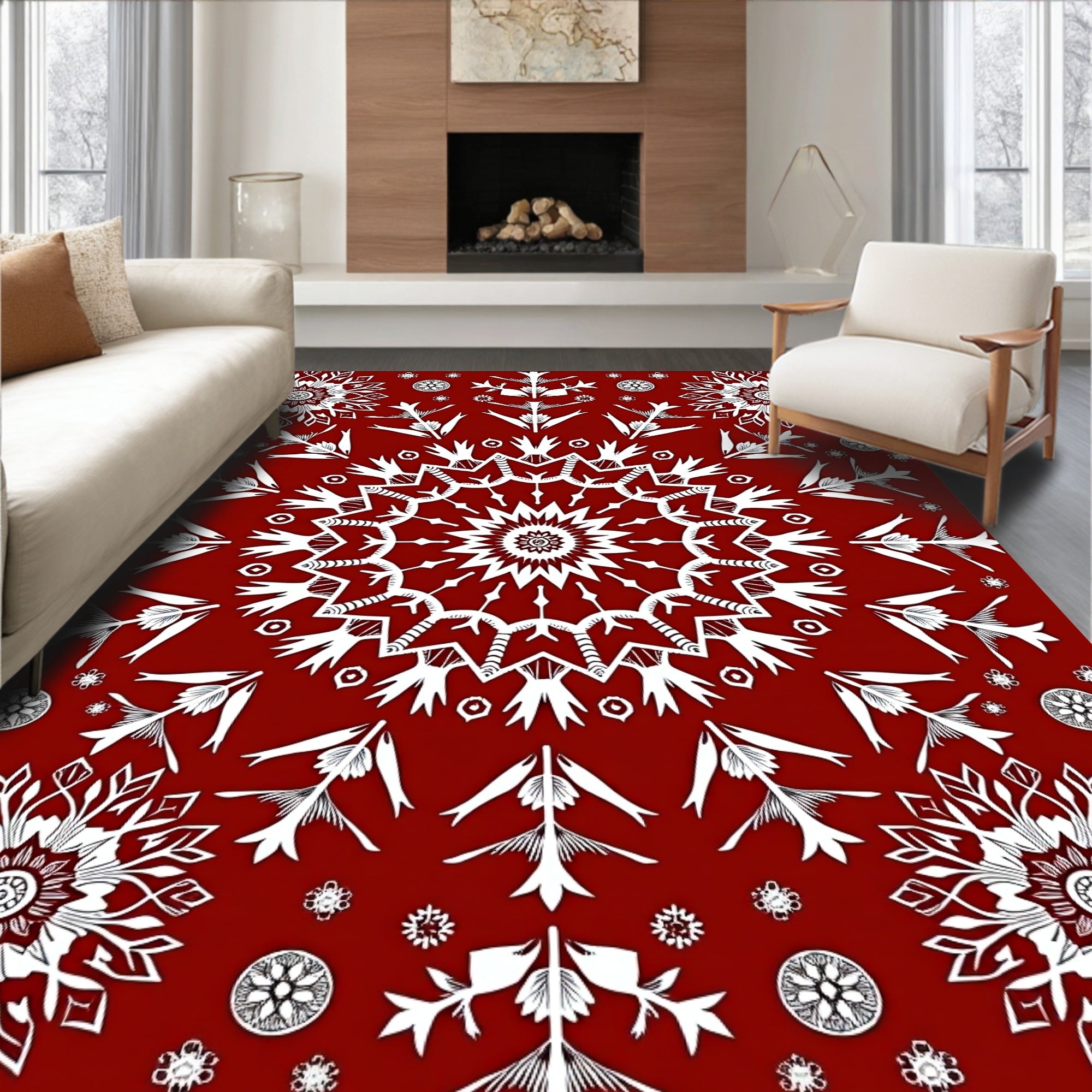 Crimson mandala snowflake graphic Rug