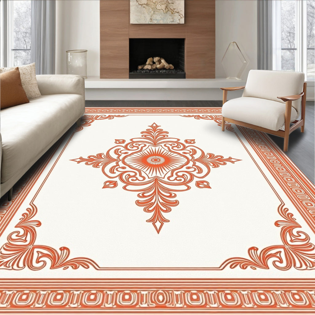 Vibrant Orange Scrollwork Medallion Frame Rug
