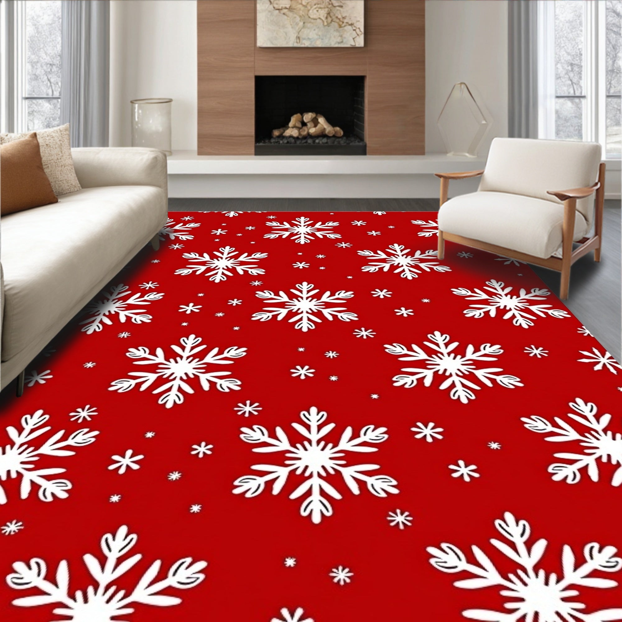White Snowflakes on Red Field Rug