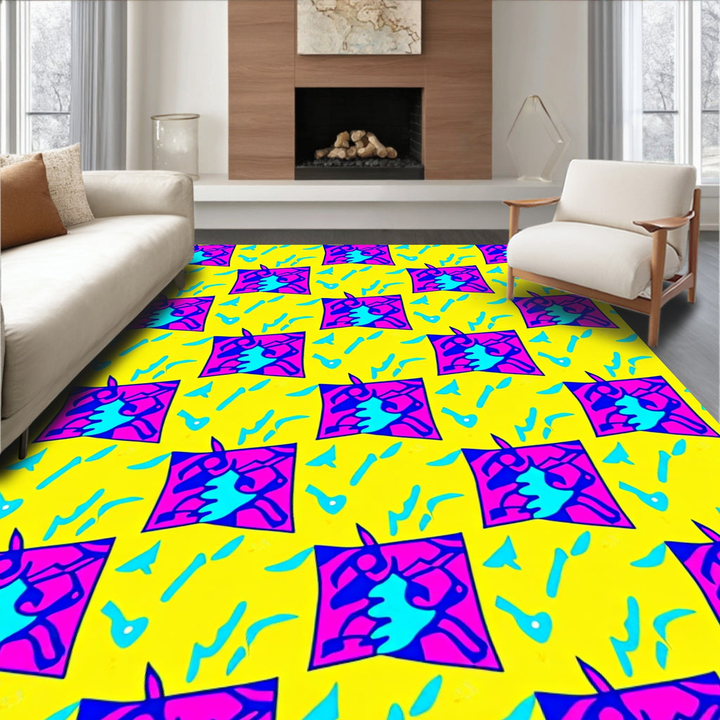 Vibrant Pink Blue Yellow Abstract Shapes Rug